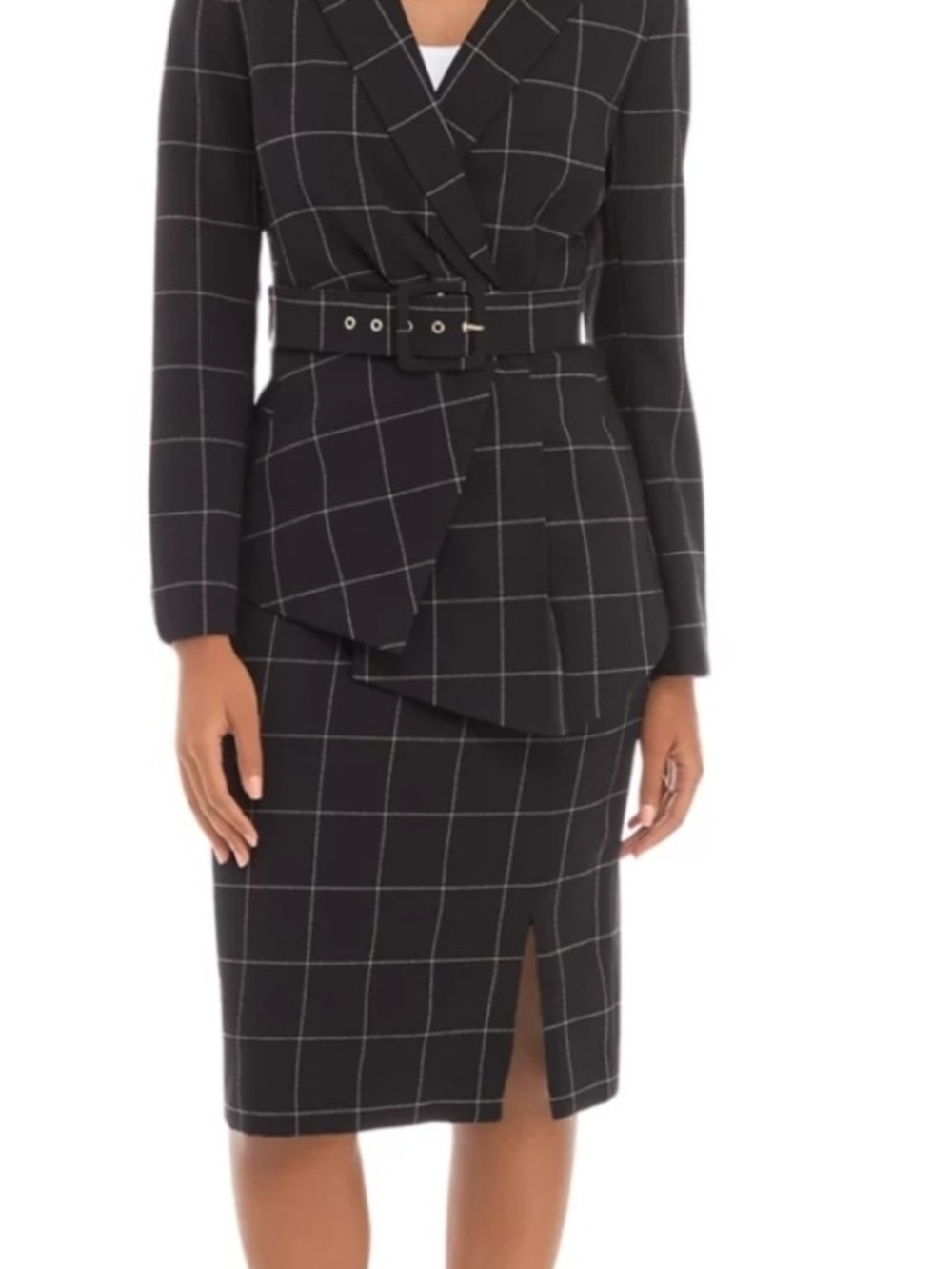 Tahari Black Windowpane Belted Suit